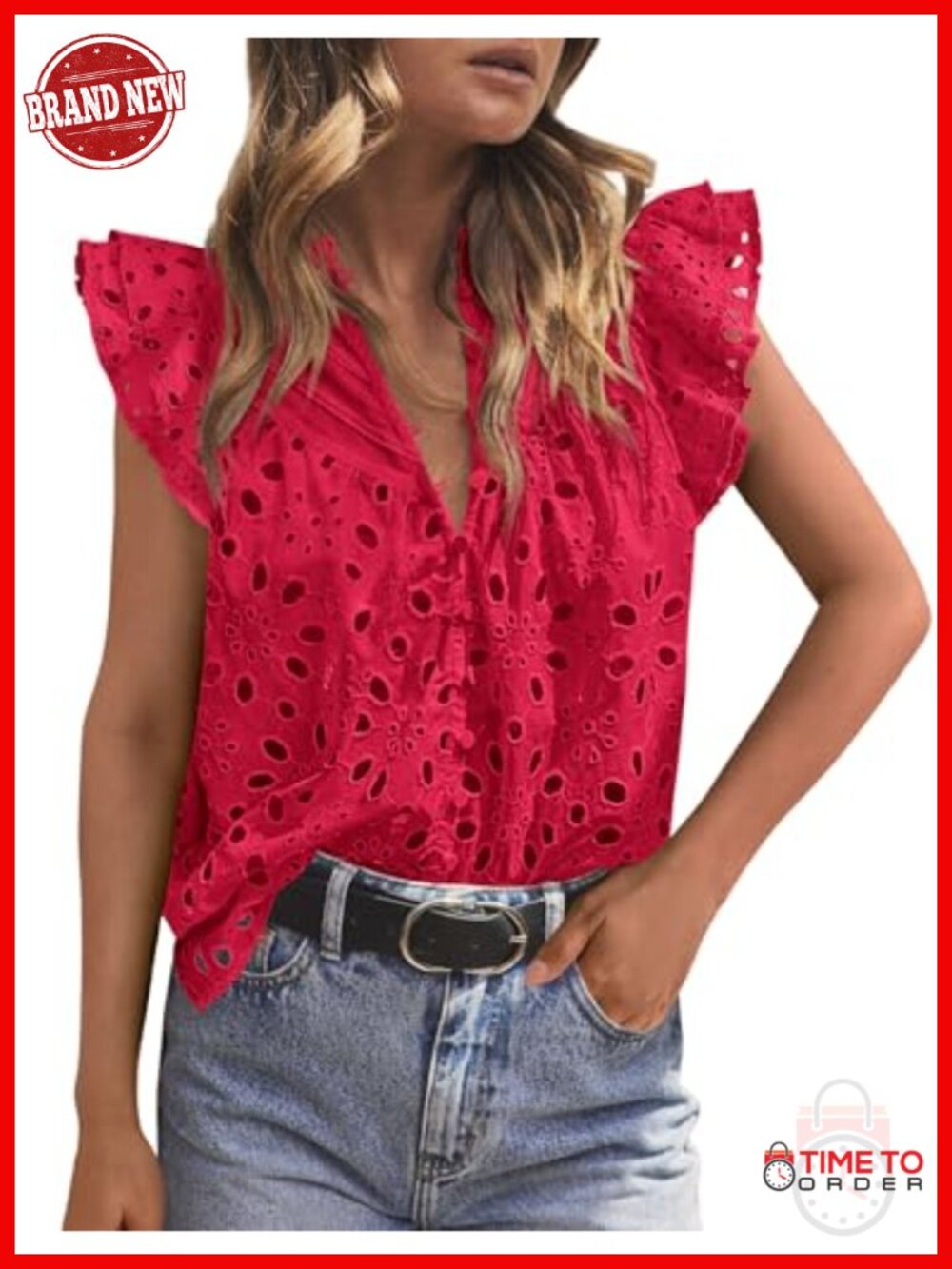 Womens Summer Blouse Ruffle Cap Sleeve V Neck Embroidered Eyelet Button Top